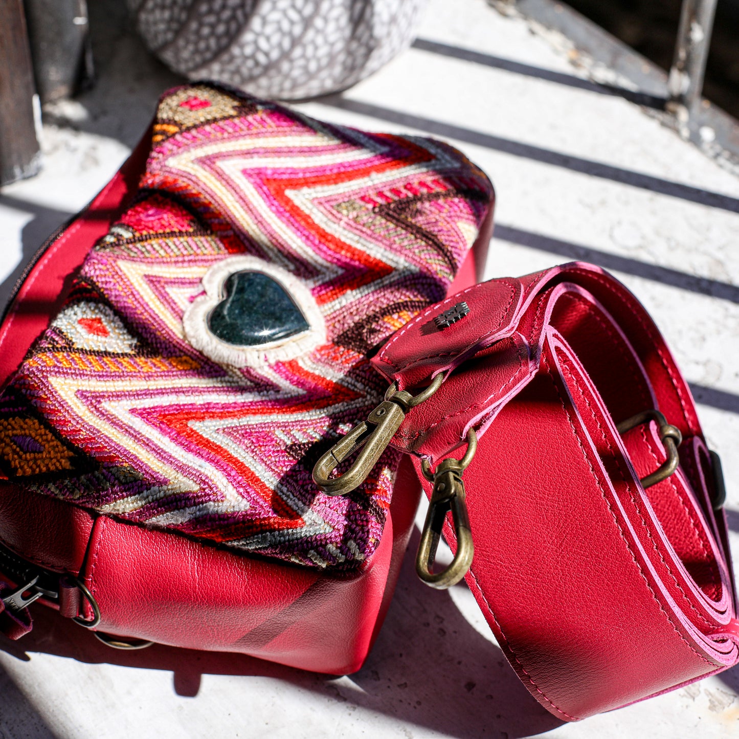 ♡ WANDER CROSSBODY BAG + STRAP SET - HEART JADE ♡ - OOAK HUIPIL - RASPBERRY - NO. 19677