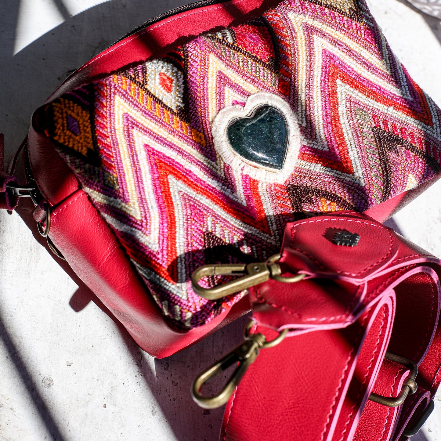 ♡ WANDER CROSSBODY BAG + STRAP SET - HEART JADE ♡ - OOAK HUIPIL - RASPBERRY - NO. 19677