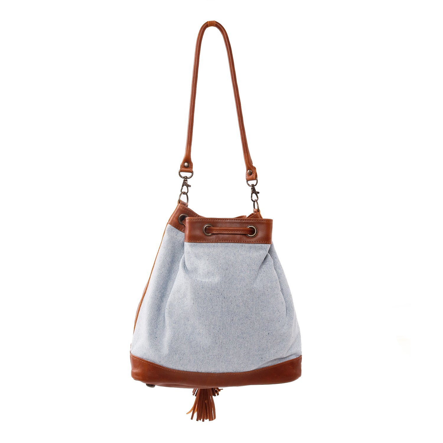 DRAWSTRING BUCKET BAG MEDIUM UPCYCLED DENIM Nena Co