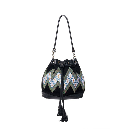 DRAWSTRING BUCKET BAG - 10 YEAR ANNIVERSARY - MACHINE EMBROIDERED ON WOVEN FABRIC IN BLACK - BLACK