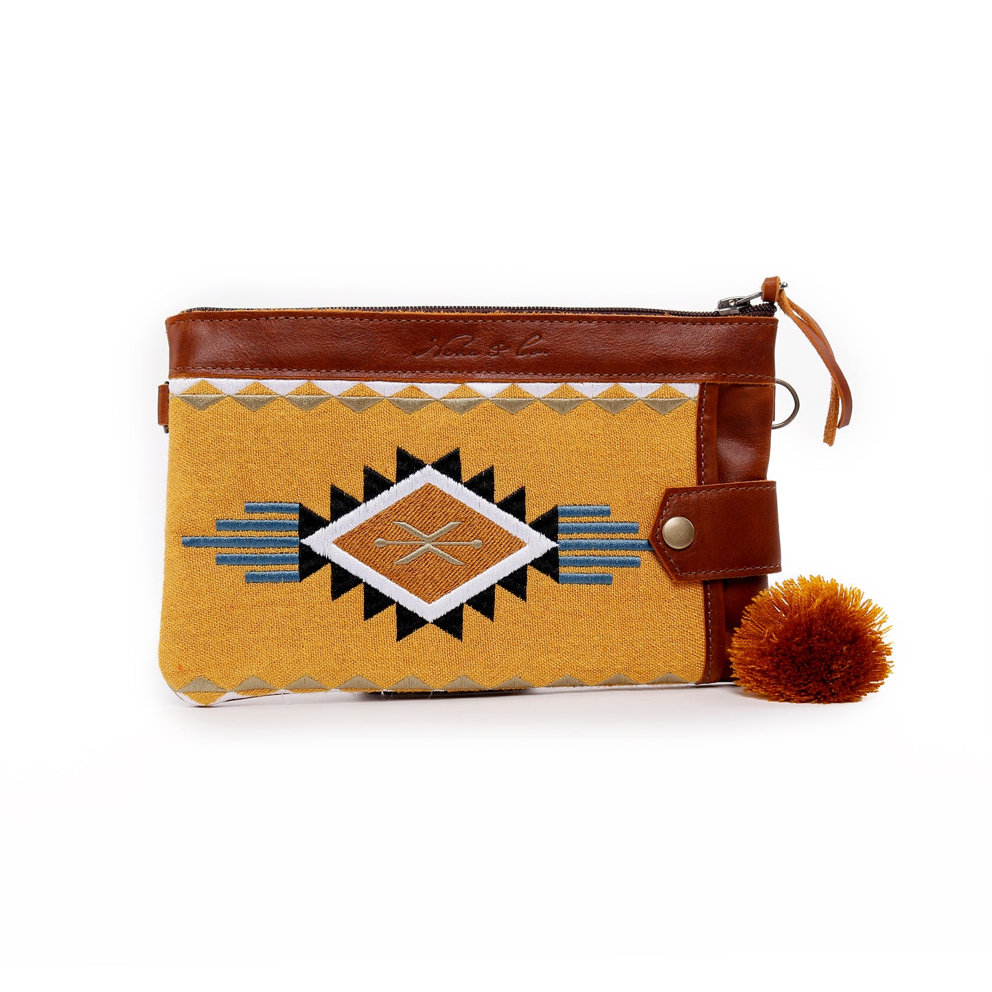 EVERYTHING CLUTCH - 10 YEAR ANNIVERSARY - MACHINE EMBROIDERED ON WOVEN FABRIC IN MUSTARD - CAFE