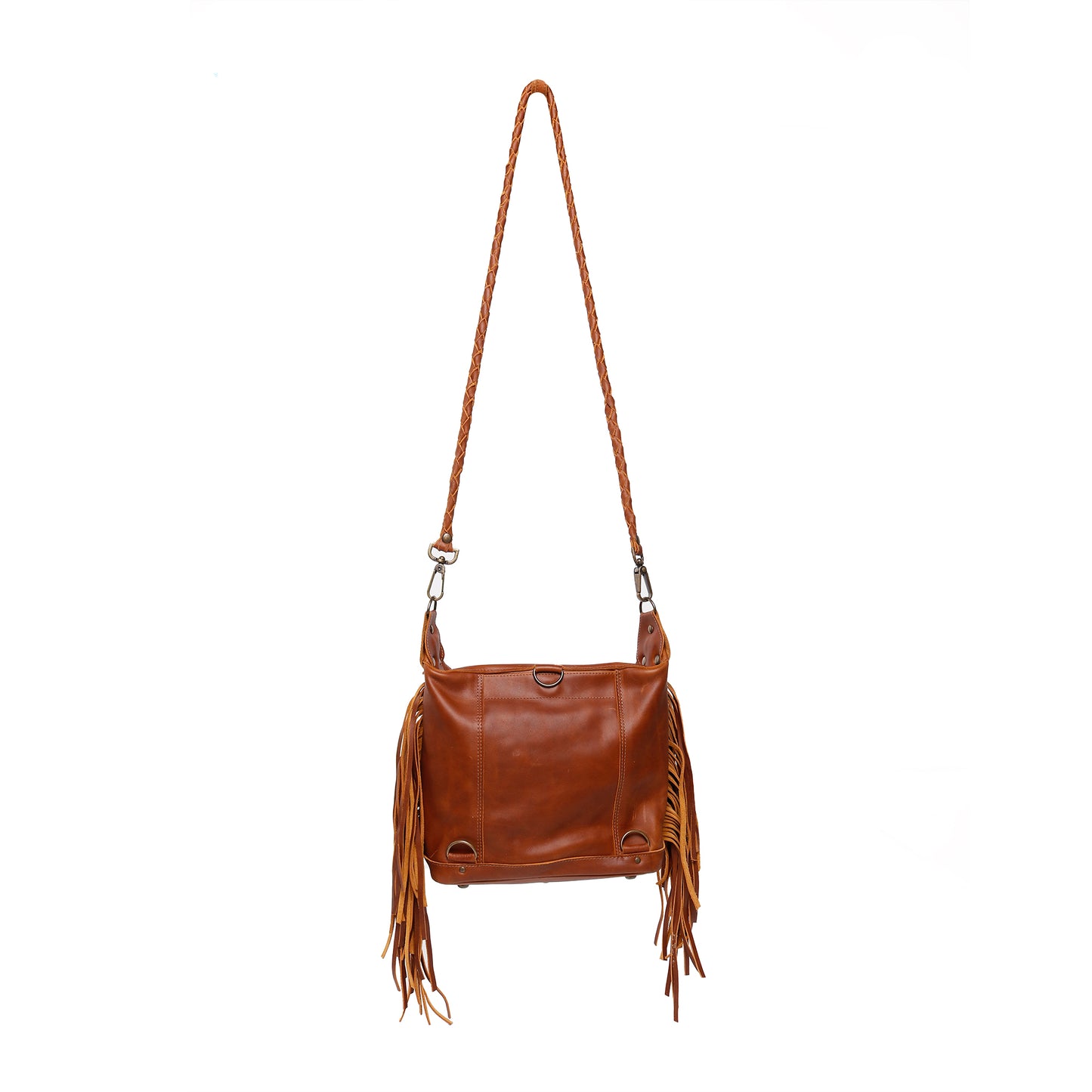 BEATRIZ MINI CONVERTIBLE DAY BAG WITH FRINGE - FULL LEATHER - CAFE