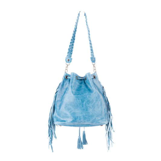 DRAWSTRING BUCKET BAG WITH FRINGE - OOAK CORTE DE PLAYA - CERULEAN - NO. 10277
