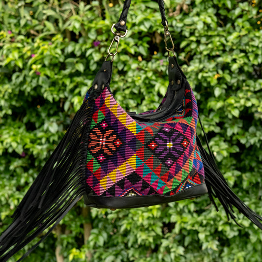 BEATRIZ MINI CDB WITH FRINGE - OOAK HUIPIL - BLACK - NO. 16505