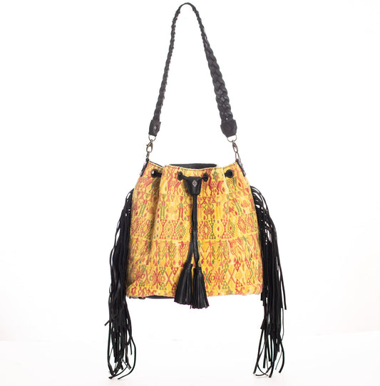 **CLOSEOUT** DRAWSTRING FRINGE BUCKET BAG - OOAK HUIPIL - BLACK - NO. 24152