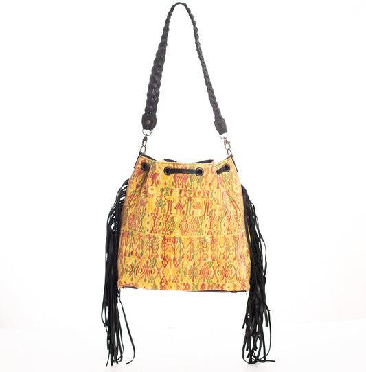 **CLOSEOUT** DRAWSTRING FRINGE BUCKET BAG - OOAK HUIPIL - BLACK - NO. 24152