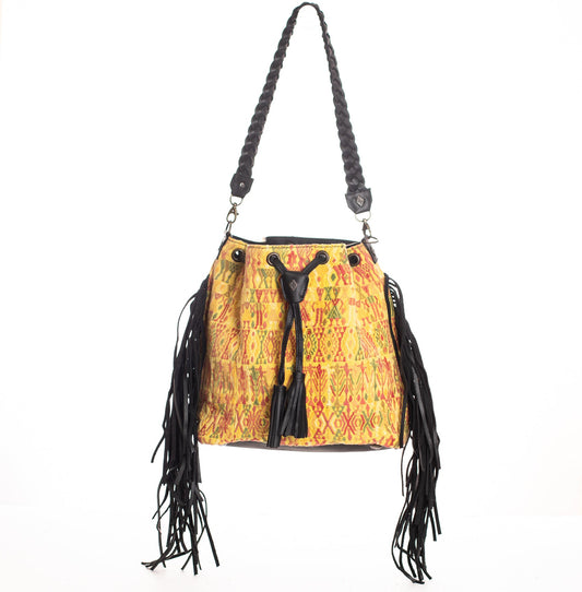 DRAWSTRING BUCKET BAG WITH FRINGE - VINTAGE OOAK TEXTILE - BLACK - NO. 27984