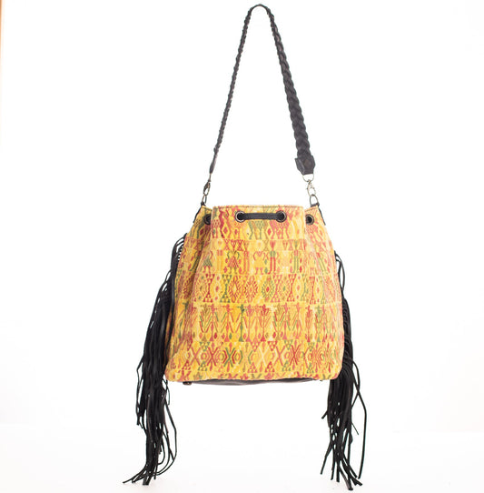 DRAWSTRING BUCKET BAG WITH FRINGE - VINTAGE OOAK TEXTILE - BLACK - NO. 27984