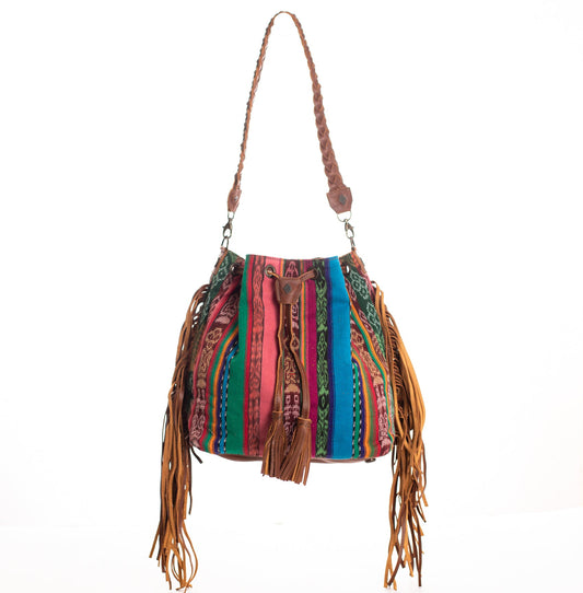 DRAWSTRING BUCKET BAG WITH FRINGE - OOAK CORTE DE PLAYA - CAFE - NO. 28083