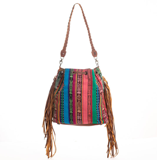 DRAWSTRING BUCKET BAG WITH FRINGE - OOAK CORTE DE PLAYA - CAFE - NO. 28083