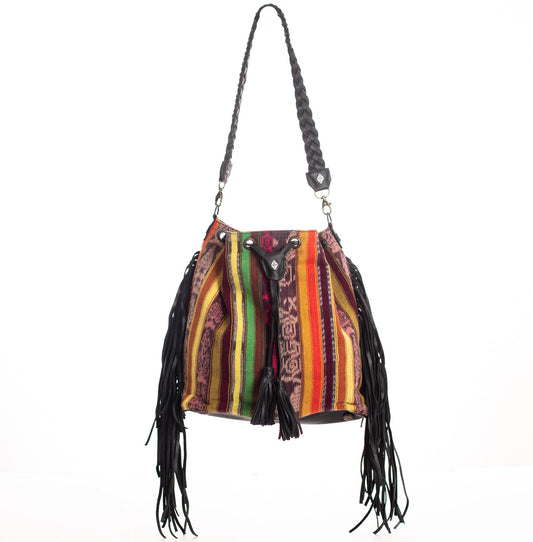 DRAWSTRING BUCKET BAG WITH FRINGE - OOAK CORTE DE PLAYA - BLACK - NO. 28090