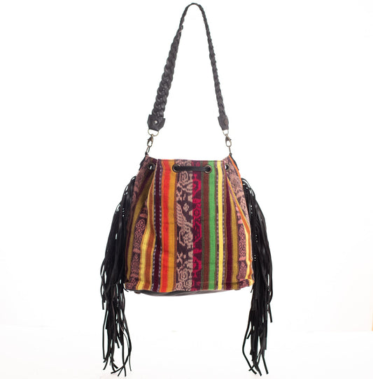 DRAWSTRING BUCKET BAG WITH FRINGE - OOAK CORTE DE PLAYA - BLACK - NO. 28090