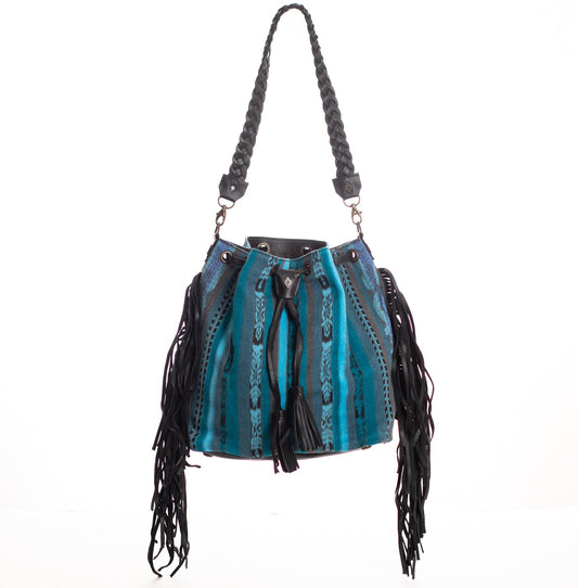 DRAWSTRING BUCKET BAG WITH FRINGE - CORTE DE PLAYA - BLACK - NO. 28092