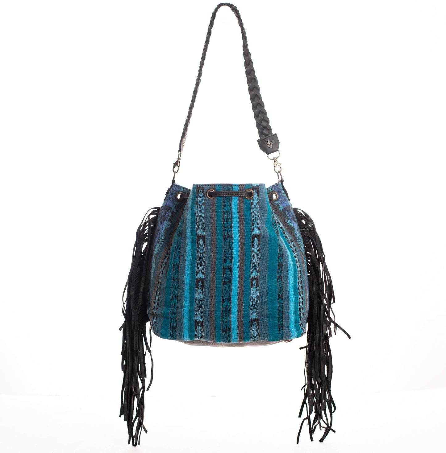 DRAWSTRING BUCKET BAG WITH FRINGE - OOAK CORTE DE PLAYA - BLACK - NO. 28092