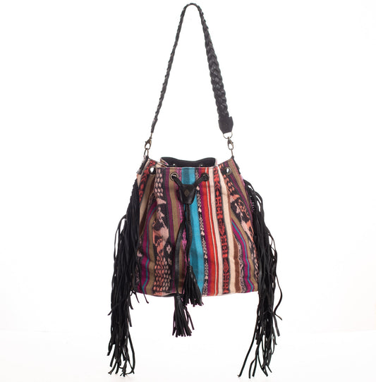 DRAWSTRING BUCKET BAG WITH FRINGE - CORTE DE PLAYA - BLACK - NO. 28096