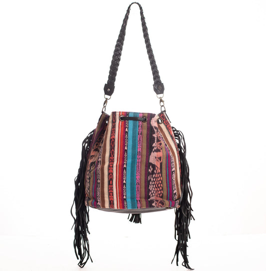 DRAWSTRING BUCKET BAG WITH FRINGE - CORTE DE PLAYA - BLACK - NO. 28096