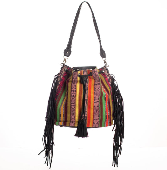 DRAWSTRING BUCKET BAG WITH FRINGE - OOAK CORTE DE PLAYA - BLACK - NO. 28097