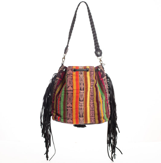 DRAWSTRING BUCKET BAG WITH FRINGE - OOAK CORTE DE PLAYA - BLACK - NO. 28097