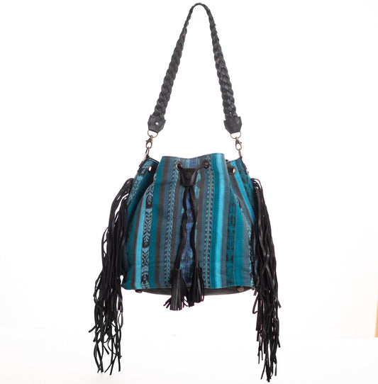 DRAWSTRING BUCKET BAG WITH FRINGE - OOAK CORTE DE PLAYA - BLACK - NO. 28098