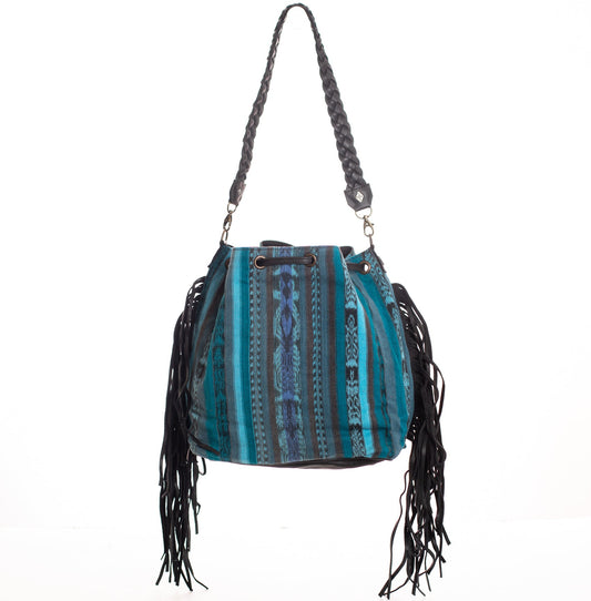 DRAWSTRING BUCKET BAG WITH FRINGE - OOAK CORTE DE PLAYA - BLACK - NO. 28098