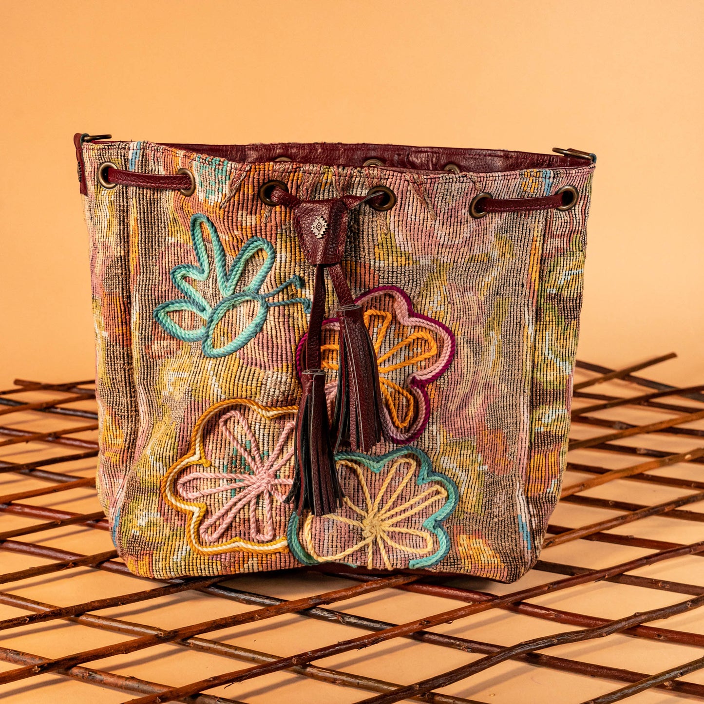 DRAWSTRING BUCKET BAG - OOAK HUIPIL - AMARANTH - NO. 16056