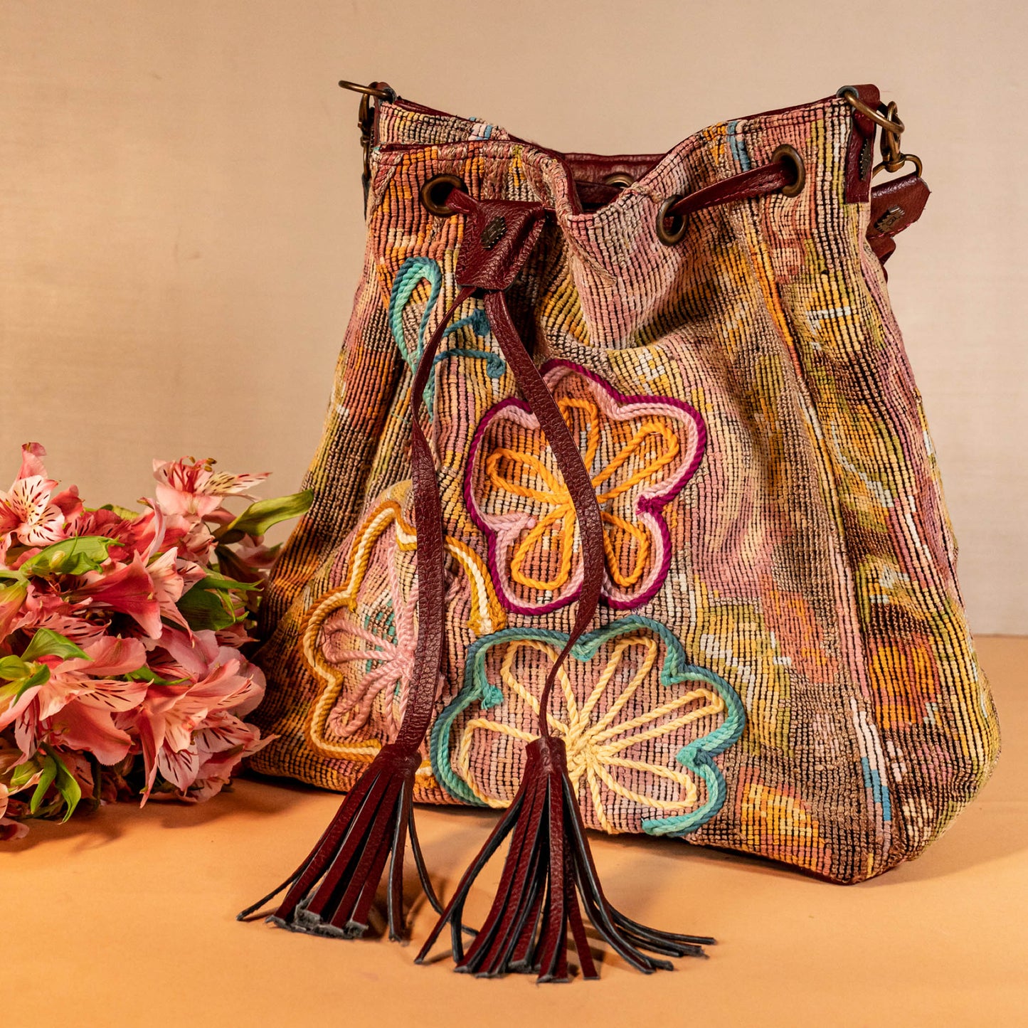 DRAWSTRING BUCKET BAG - OOAK HUIPIL - AMARANTH - NO. 16056