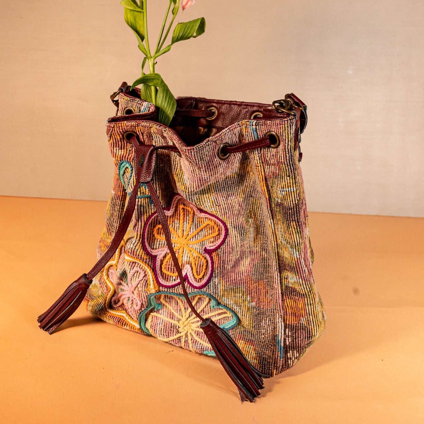 DRAWSTRING BUCKET BAG - OOAK HUIPIL - AMARANTH - NO. 16056