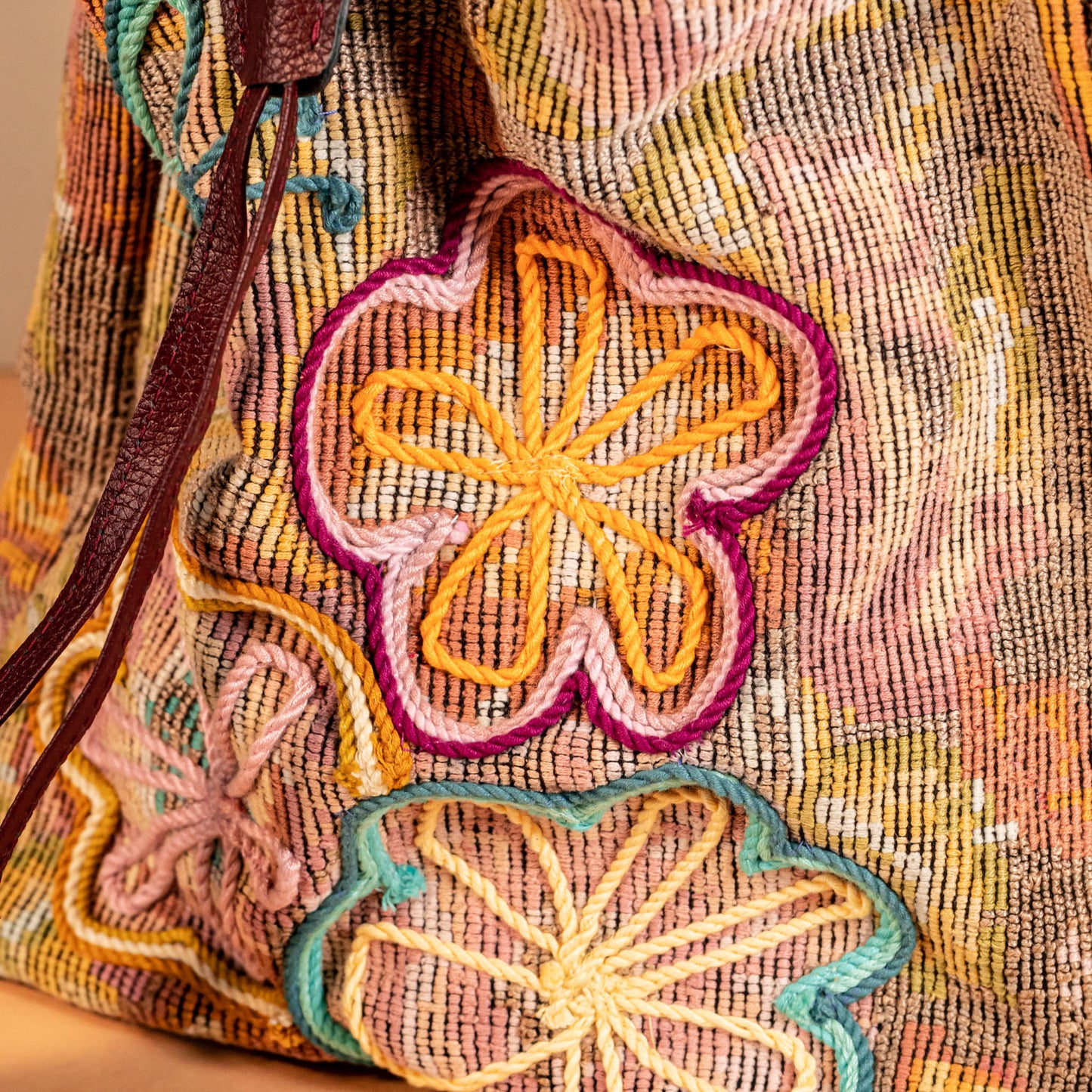 DRAWSTRING BUCKET BAG - OOAK HUIPIL - AMARANTH - NO. 16056