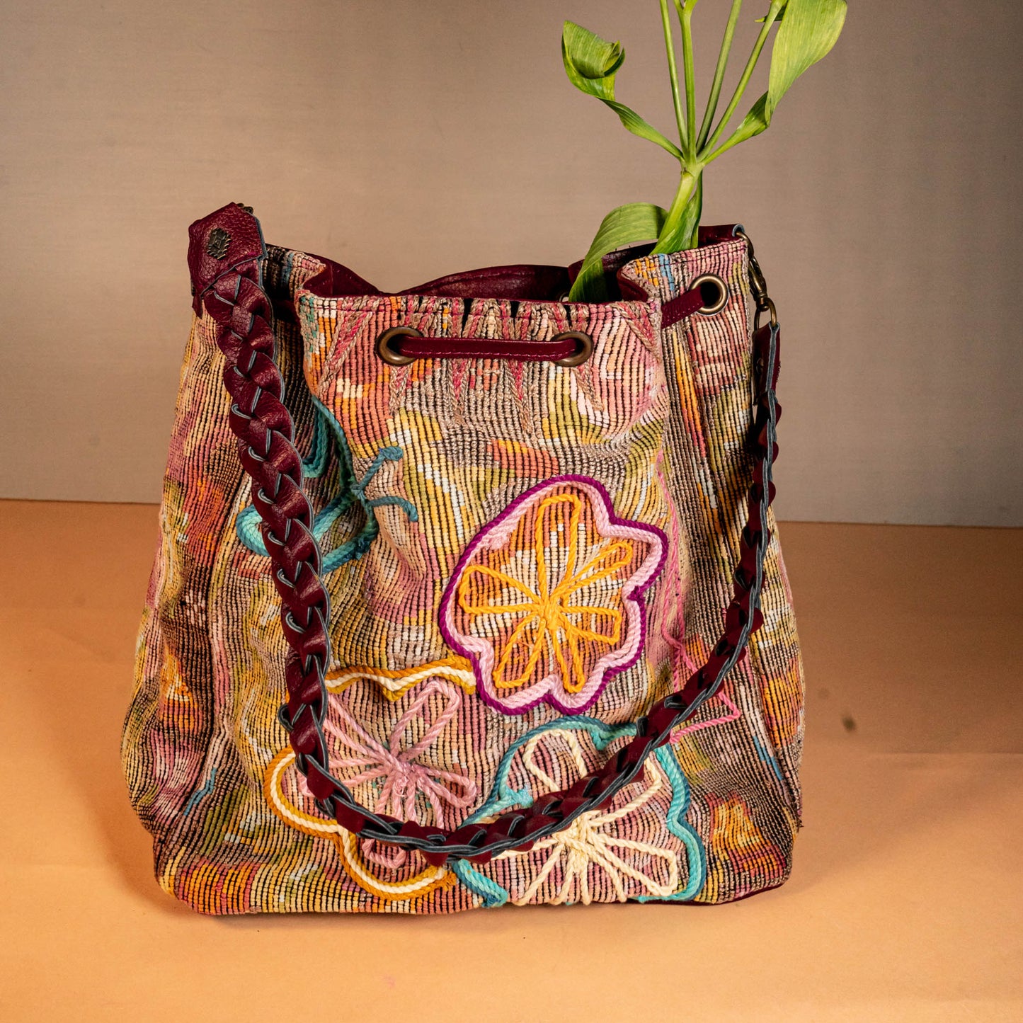 DRAWSTRING BUCKET BAG - OOAK HUIPIL - AMARANTH - NO. 16056