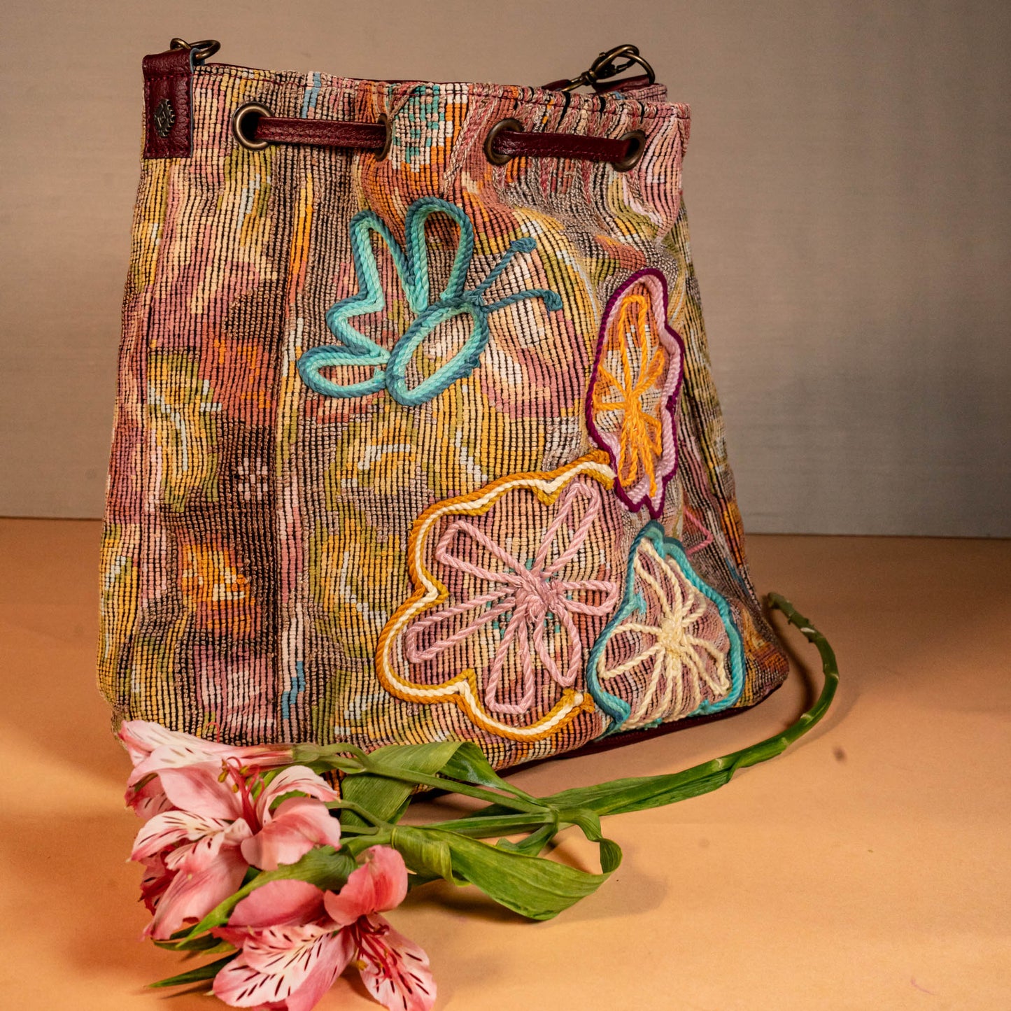 DRAWSTRING BUCKET BAG - OOAK HUIPIL - AMARANTH - NO. 16056