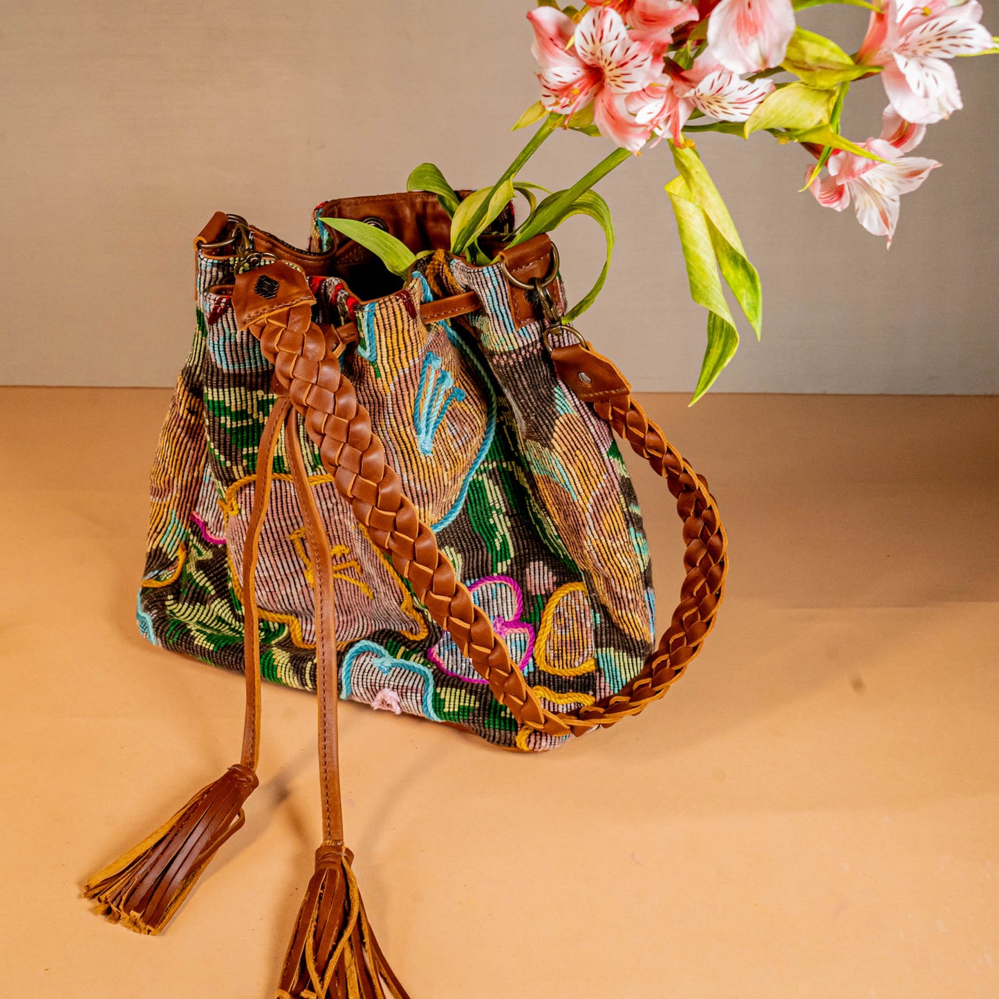 DRAWSTRING BUCKET BAG - OOAK HUIPIL - CAFE - NO. 16053