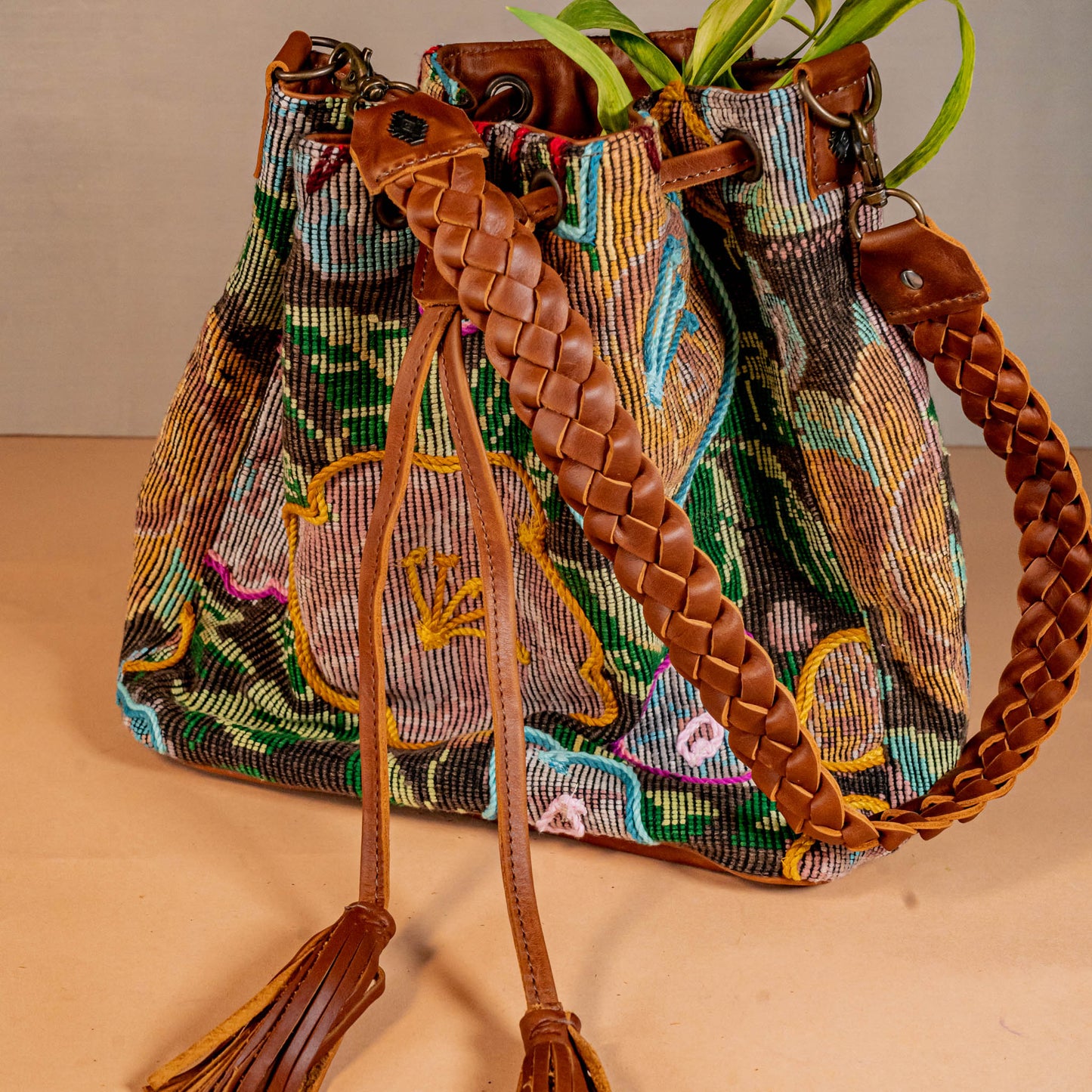 DRAWSTRING BUCKET BAG - OOAK HUIPIL - CAFE - NO. 16053