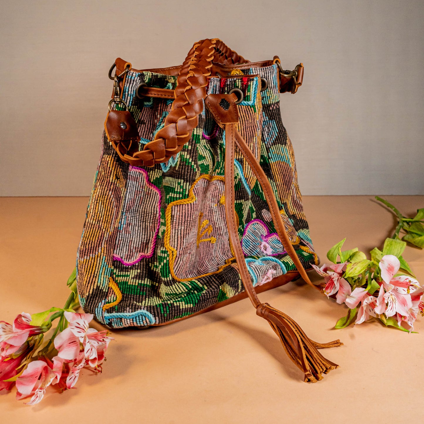 DRAWSTRING BUCKET BAG - OOAK HUIPIL - CAFE - NO. 16053