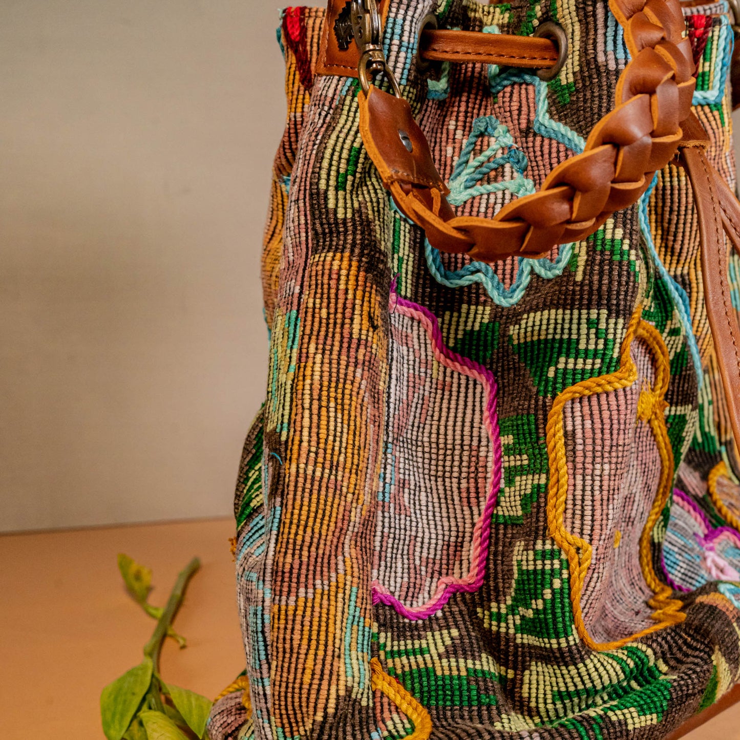 DRAWSTRING BUCKET BAG - OOAK HUIPIL - CAFE - NO. 16053