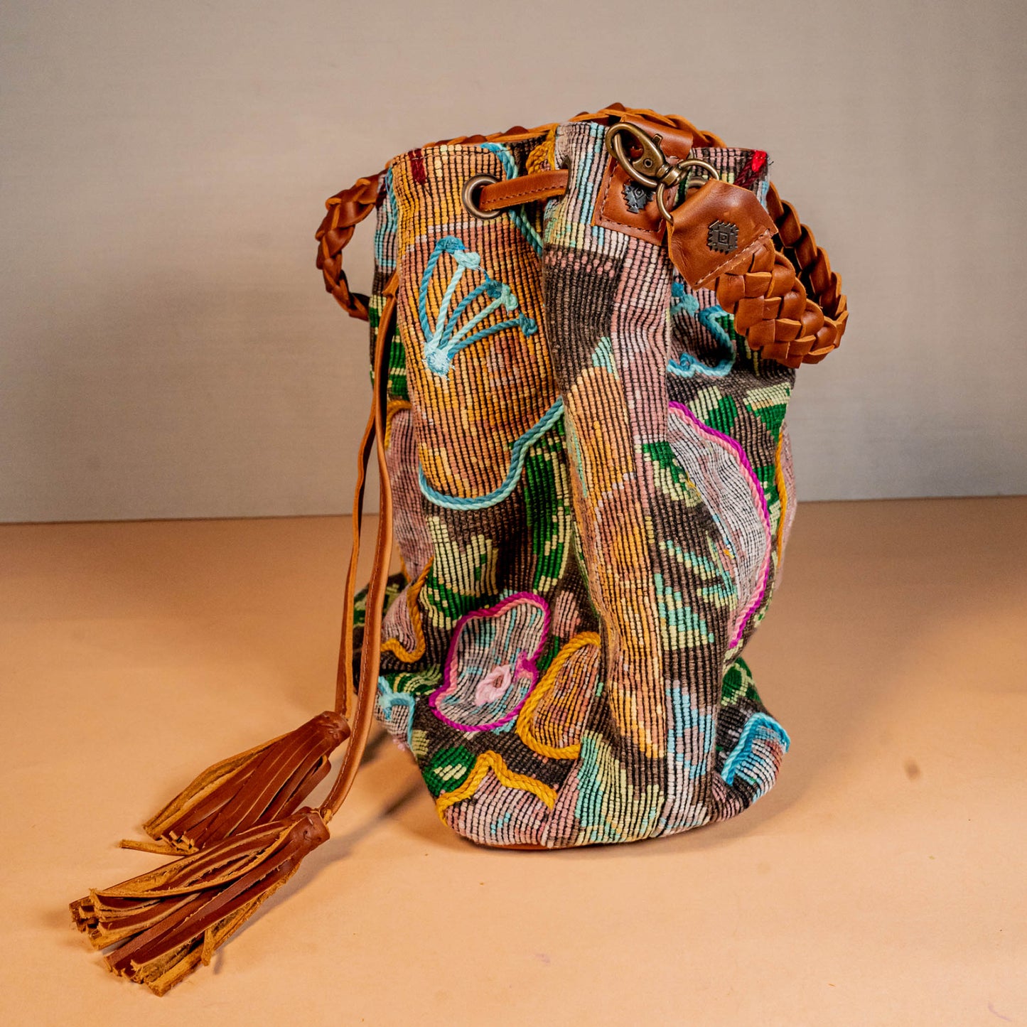 DRAWSTRING BUCKET BAG - OOAK HUIPIL - CAFE - NO. 16053