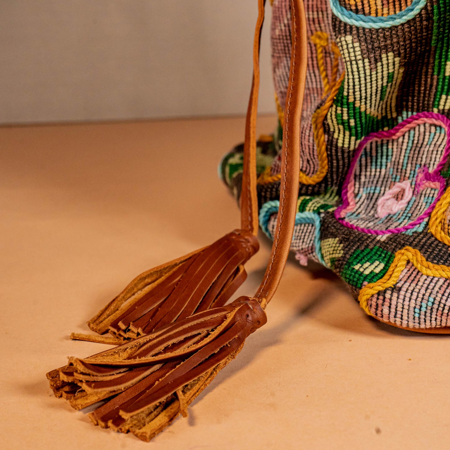 DRAWSTRING BUCKET BAG - OOAK HUIPIL - CAFE - NO. 16053