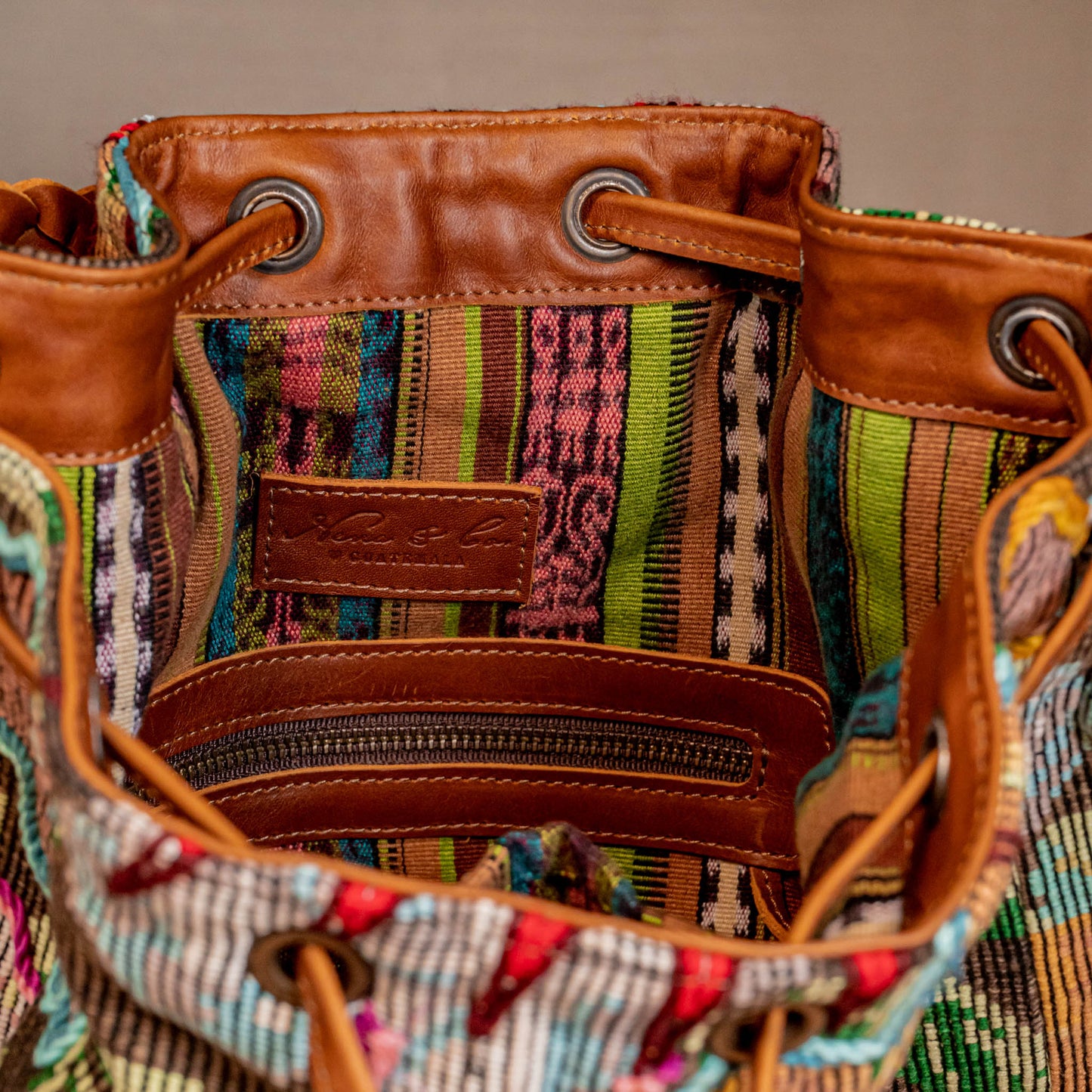 DRAWSTRING BUCKET BAG - OOAK HUIPIL - CAFE - NO. 16053