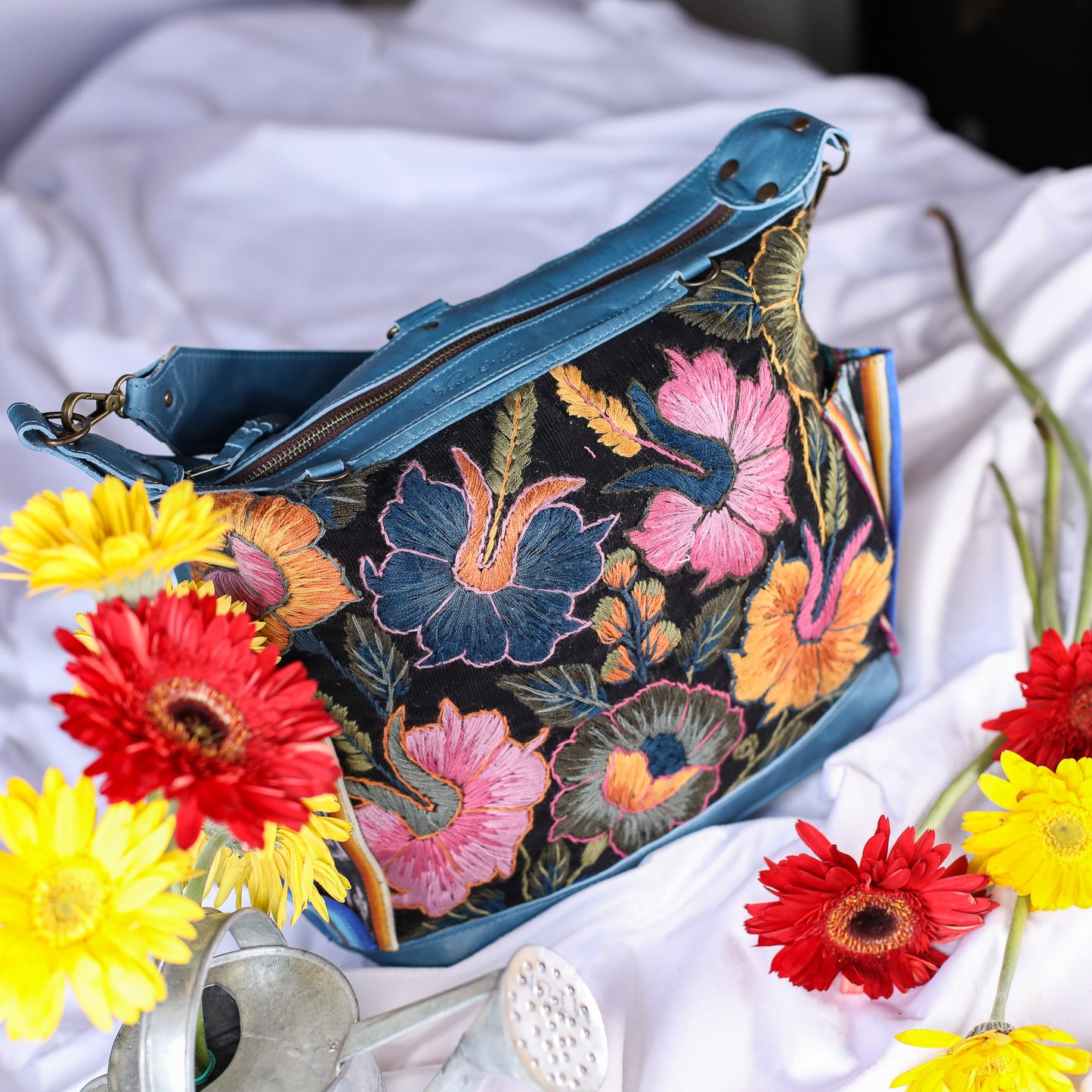 BEATRIZ MCDB + DIAMANTE STRAP - H&S EMBROIDERED FLORAL - CERULEAN - NO. 200553