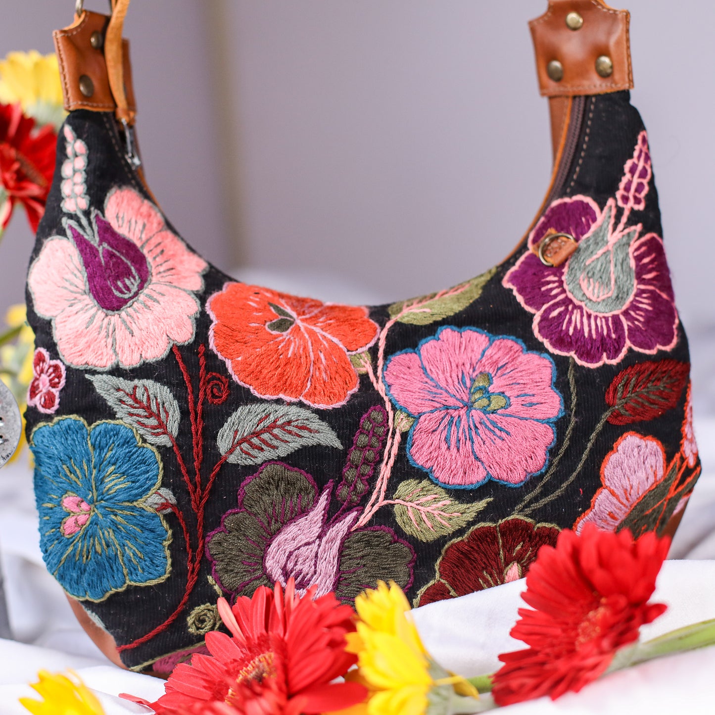 BOHO SADDLE BAG - H&S EMBROIDERED FLORAL - CAFE - NO. 200563