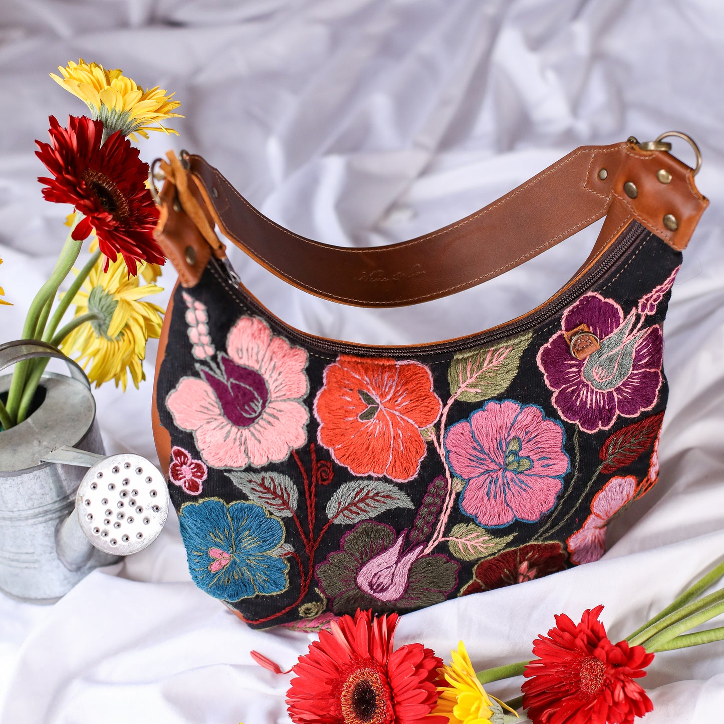 BOHO SADDLE BAG - H&S EMBROIDERED FLORAL - CAFE - NO. 200563