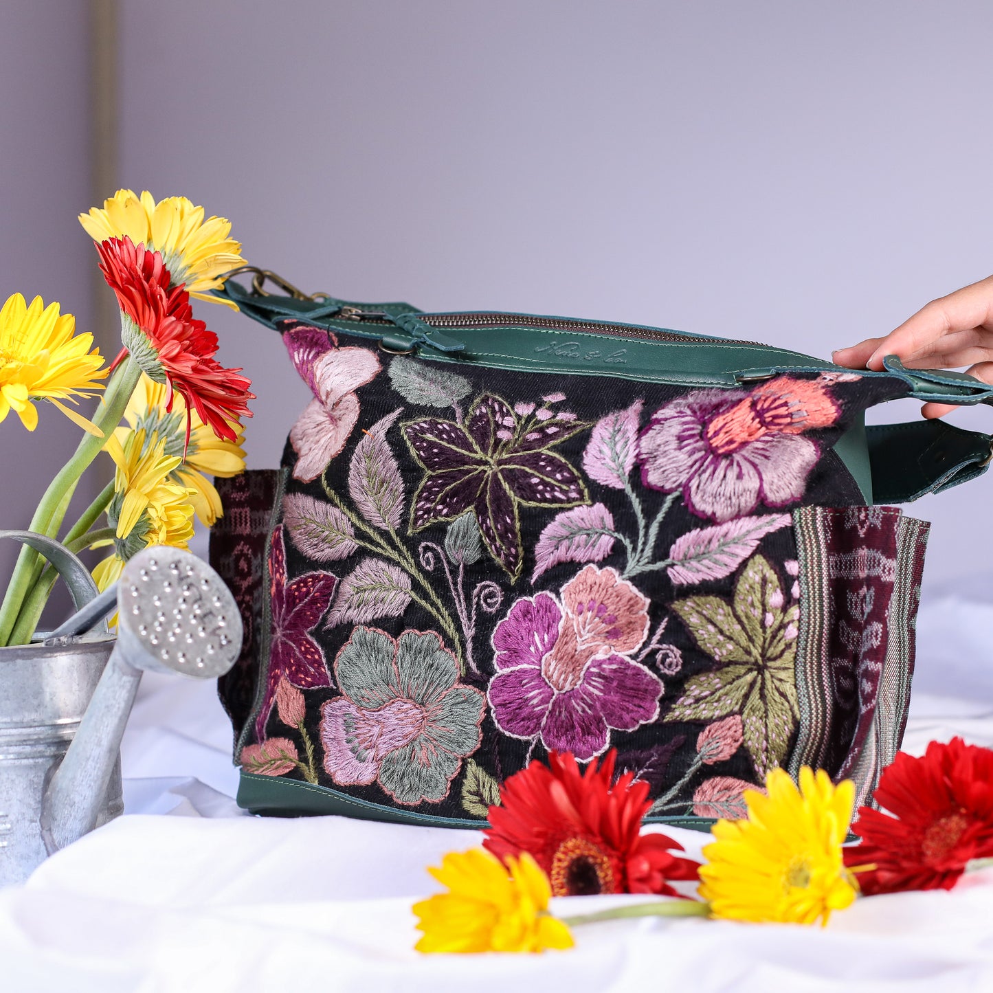 BEATRIZ MCDB + DIAMANTE STRAP - H&S EMBROIDERED FLORAL - EVERGREEN - NO. 200554