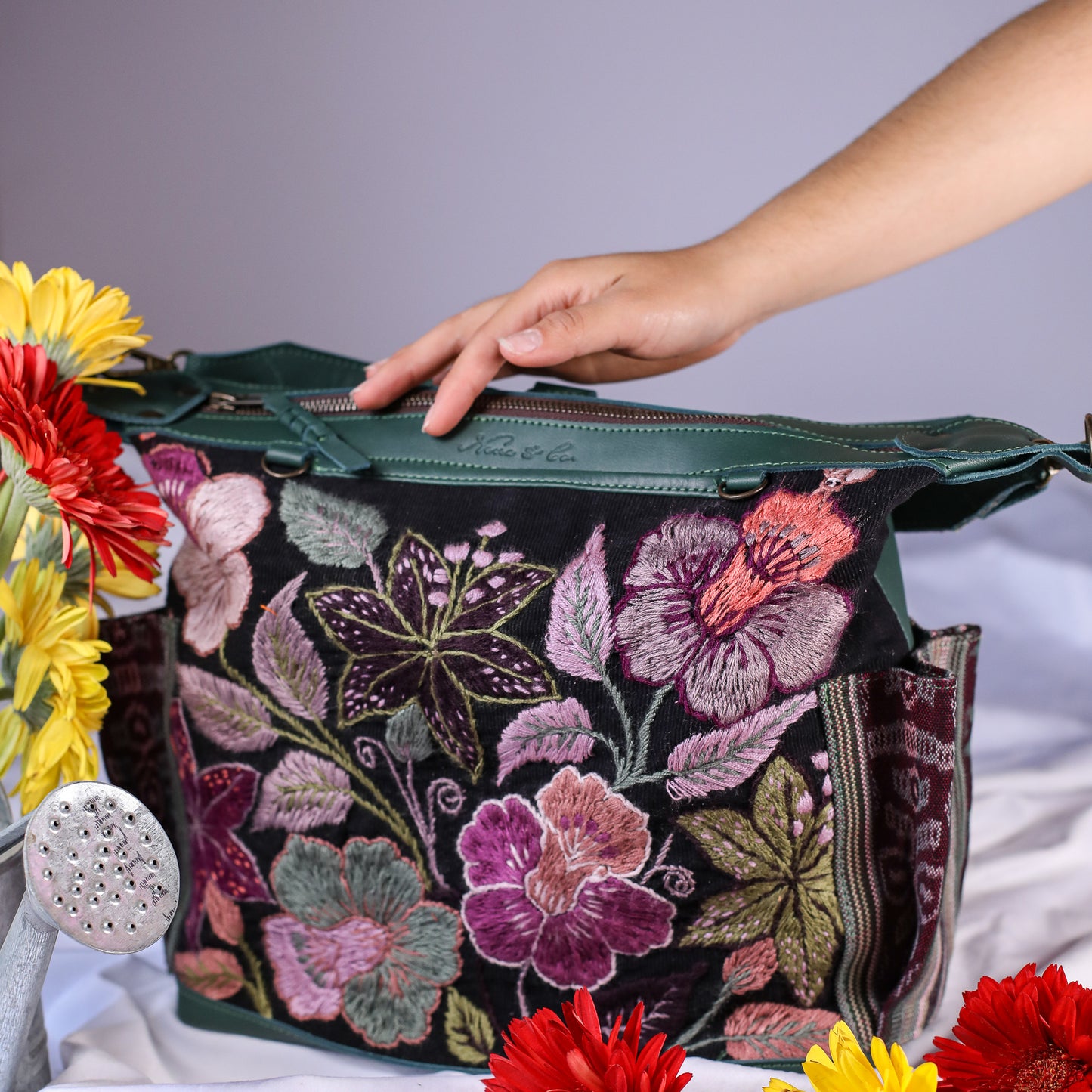 BEATRIZ MCDB + DIAMANTE STRAP - H&S EMBROIDERED FLORAL - EVERGREEN - NO. 200554