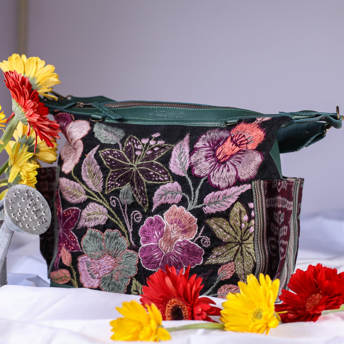 BEATRIZ MCDB + DIAMANTE STRAP - H&S EMBROIDERED FLORAL - EVERGREEN - NO. 200554