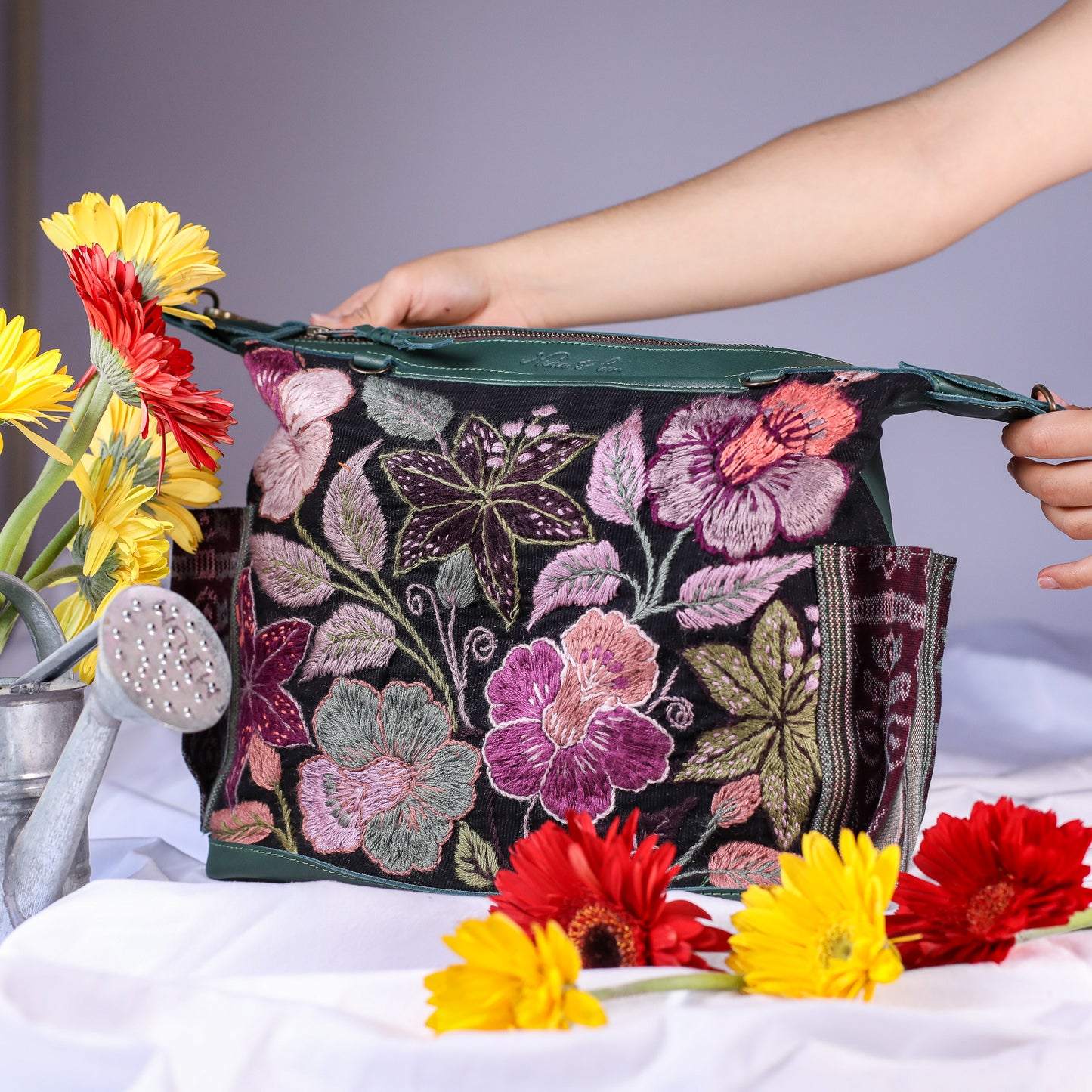 BEATRIZ MCDB + DIAMANTE STRAP - H&S EMBROIDERED FLORAL - EVERGREEN - NO. 200554