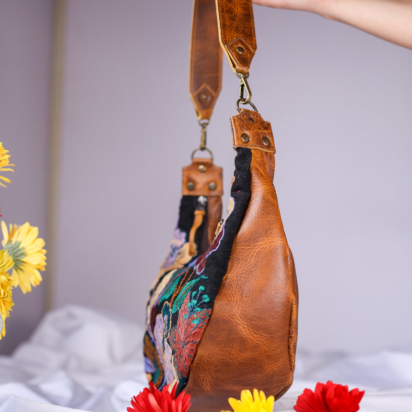 BOHO SADDLE BAG - H&S EMBROIDERED FLORAL - HONEY - NO. 200562