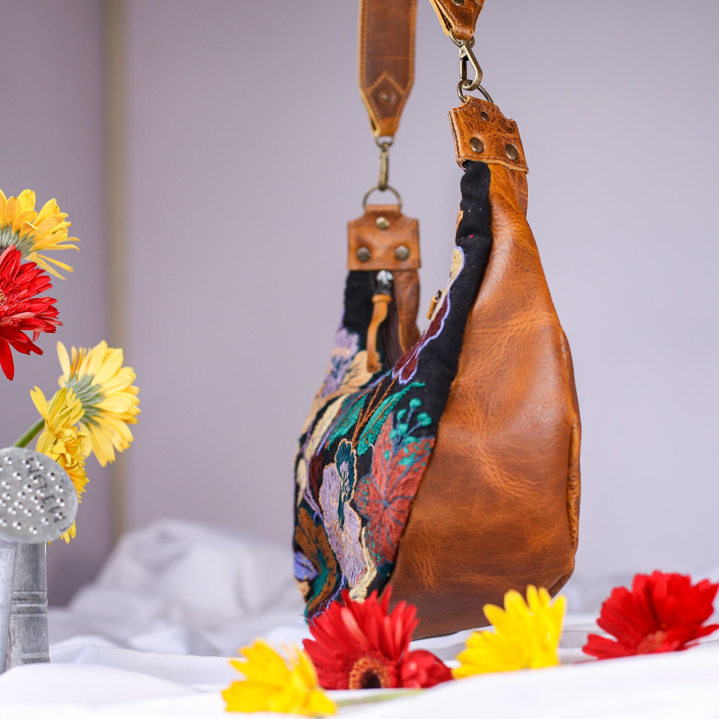 BOHO SADDLE BAG - H&S EMBROIDERED FLORAL - HONEY - NO. 200562