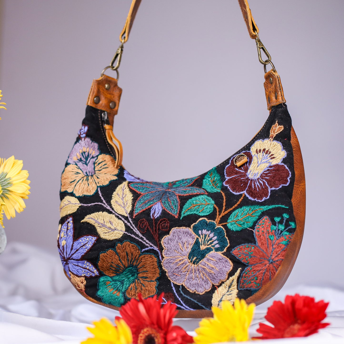 BOHO SADDLE BAG - H&S EMBROIDERED FLORAL - HONEY - NO. 200562