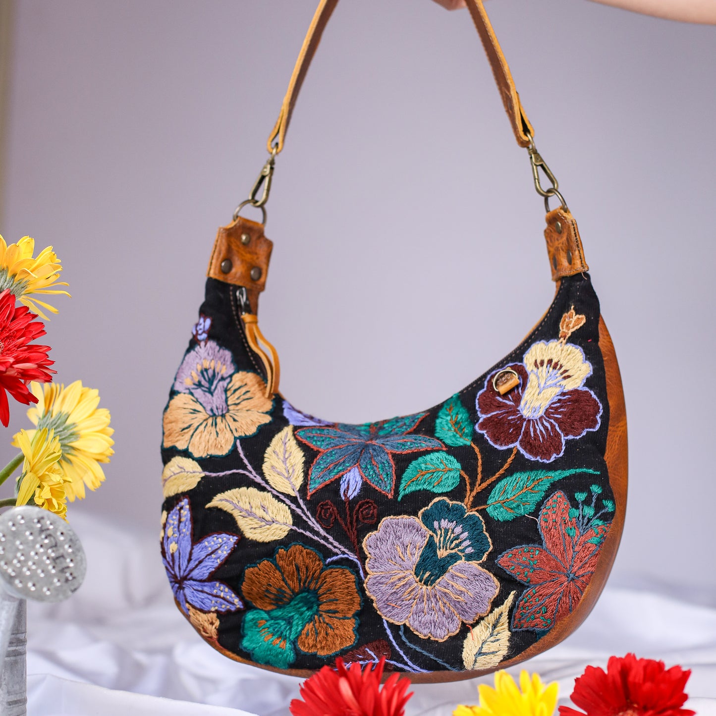 BOHO SADDLE BAG - H&S EMBROIDERED FLORAL - HONEY - NO. 200562