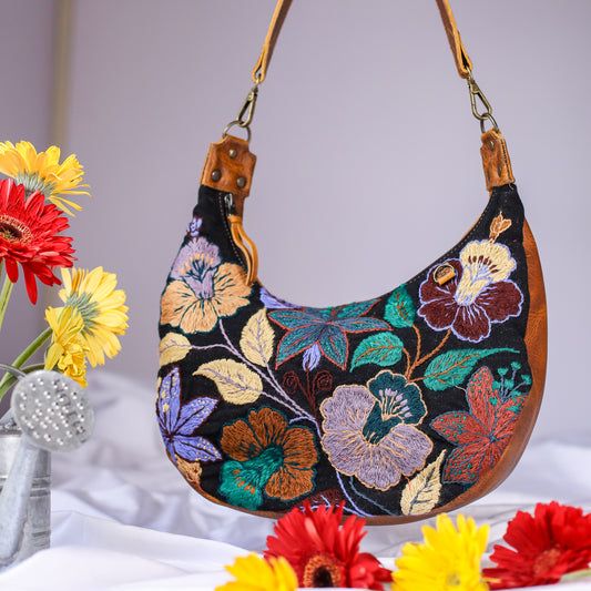 BOHO SADDLE BAG - H&S EMBROIDERED FLORAL - HONEY - NO. 200562