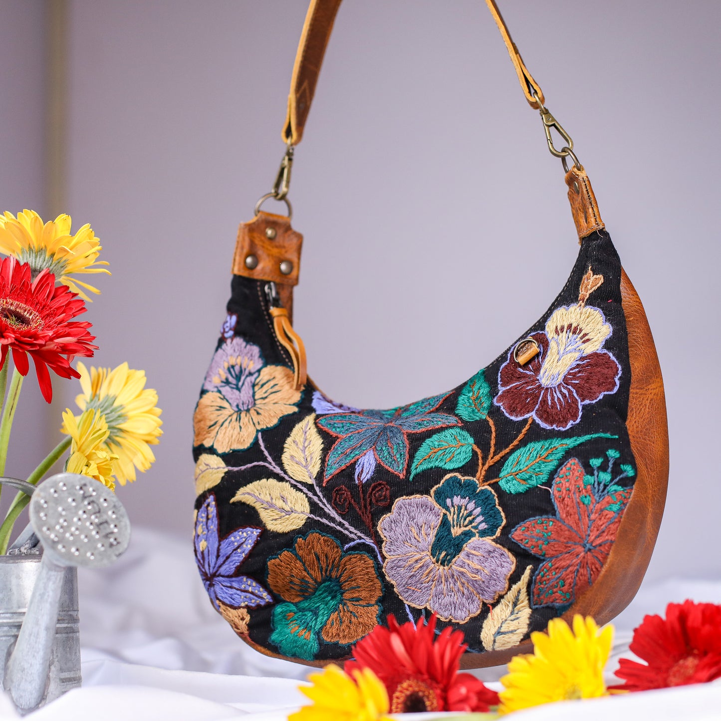 BOHO SADDLE BAG - H&S EMBROIDERED FLORAL - HONEY - NO. 200562